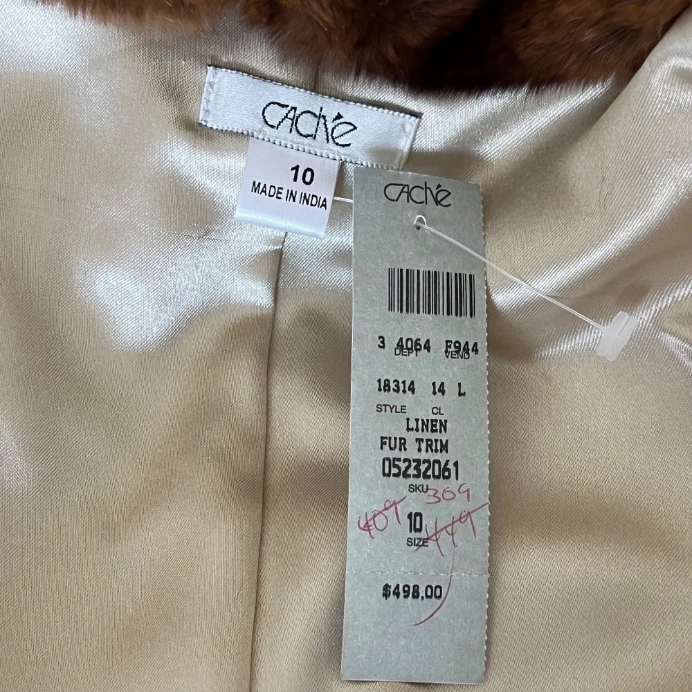 Cache Tan Leather Fitted Jacket W/Removable Fur Collar Size 10 NWT Rare Find!! - Picture 11 of 11